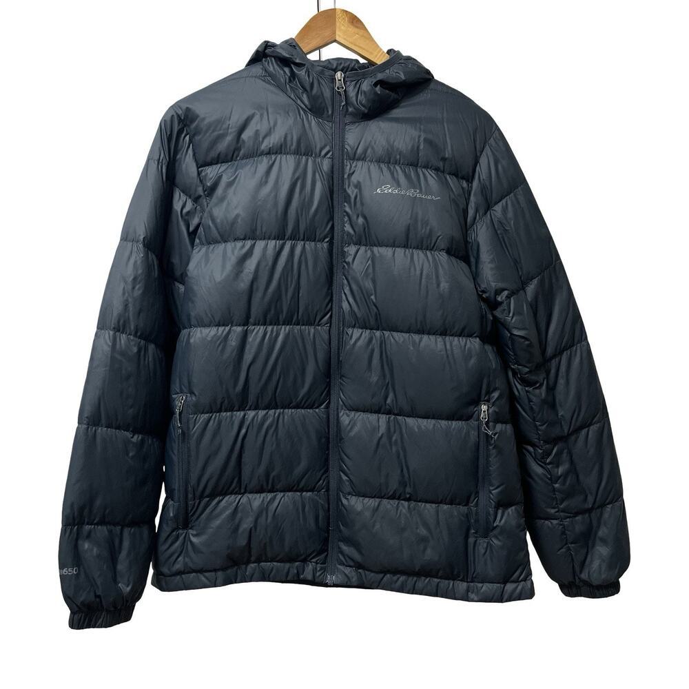 Eddie Bauer Mens 650 Down Wide Channel Hooded Puffer Jacket Size M Gray Packable